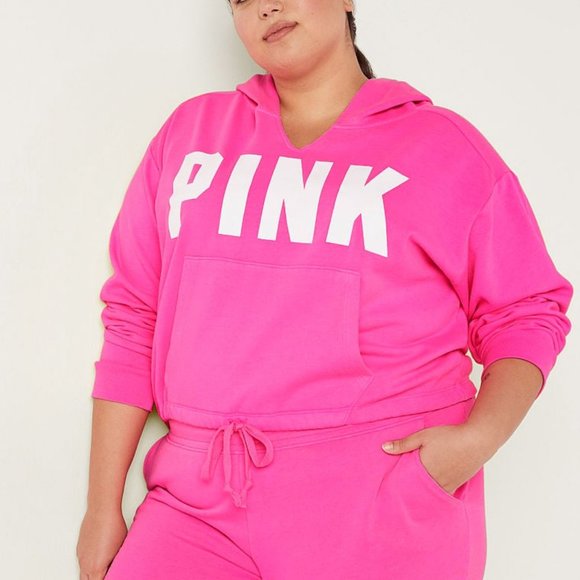 VICTORIA'S SECRET PINK FLEECE CROPPED CINCHED CAMPUS HOODIE-NWT - Picture 2 of 4